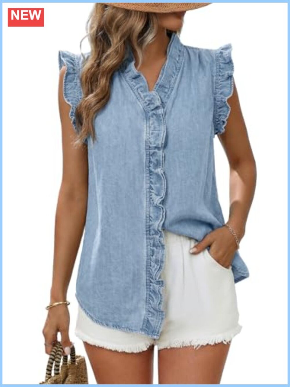 Sleeveless Denim Vest Women Button Up V Neck Ruffle Peplum Jean Vest